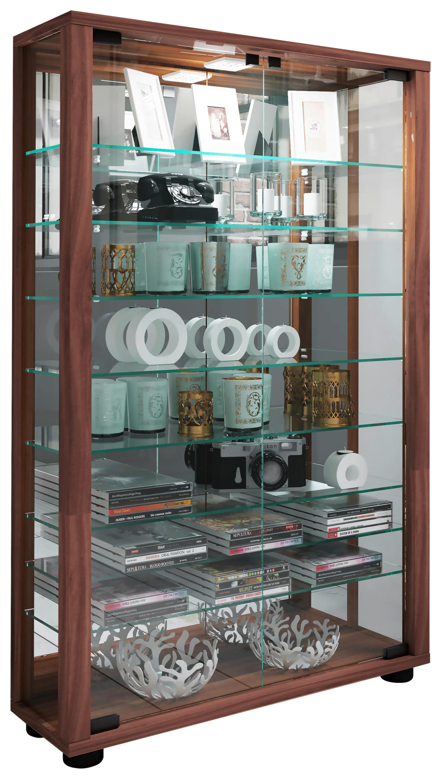 Thumbnail - Mid.you Vitrine, Nussbaum, Glas, 8 Fächer, A, 59x91.3x18 cm, Beleuchtung, in verschiedenen Holzdekoren erhältlich, Esszi...