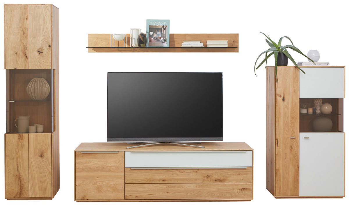 WOHNWAND  in Weiss, Eichefarben 330/204/50 cm  - Weiss/Eichefarben, Design, Glas/Holz (330/204/50cm) - Waldwelt