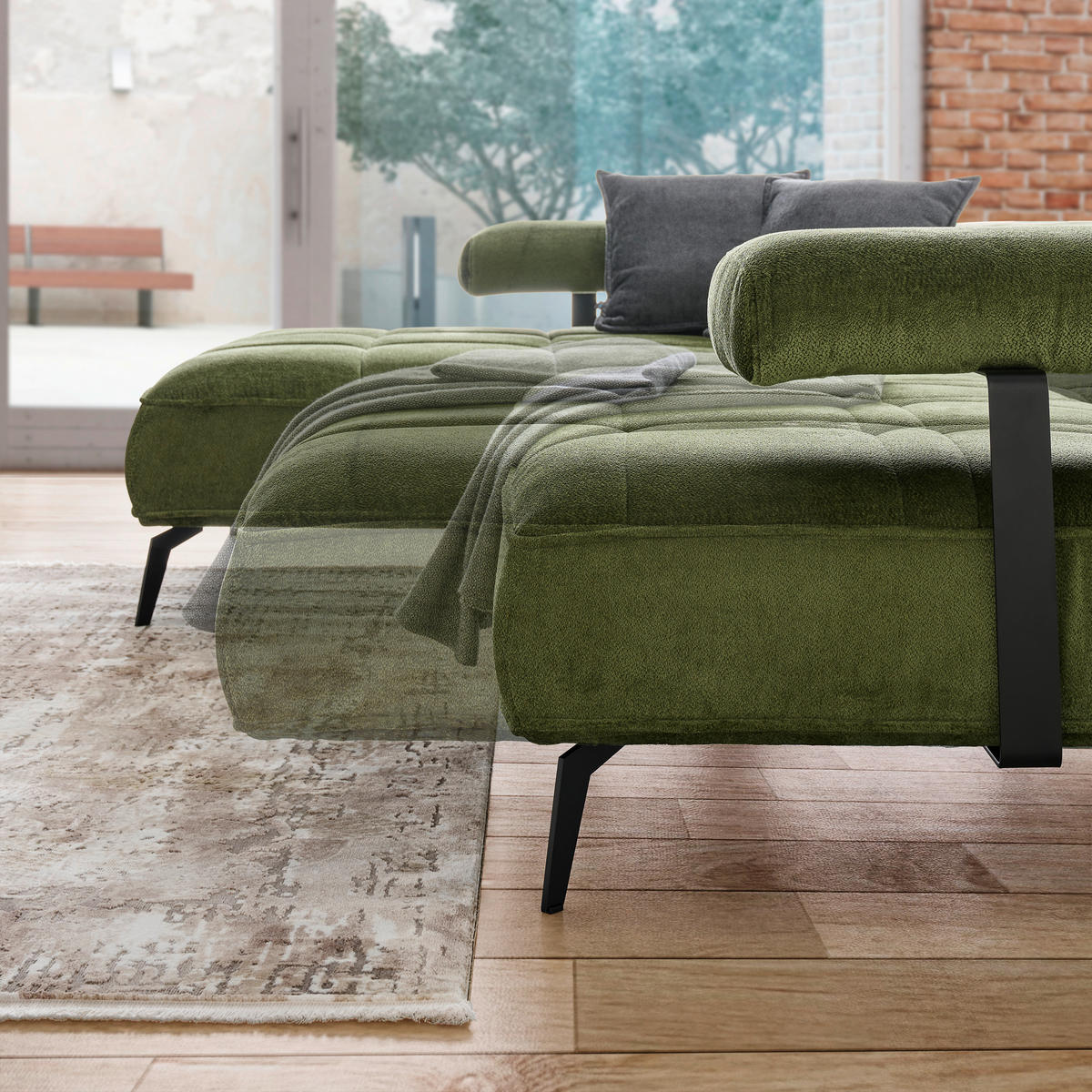 ECKSOFA in Webstoff Olivgrün  180/266 cm  - Schwarz/Olivgrün, Design, Textil/Metall (180/266cm) - Welnova