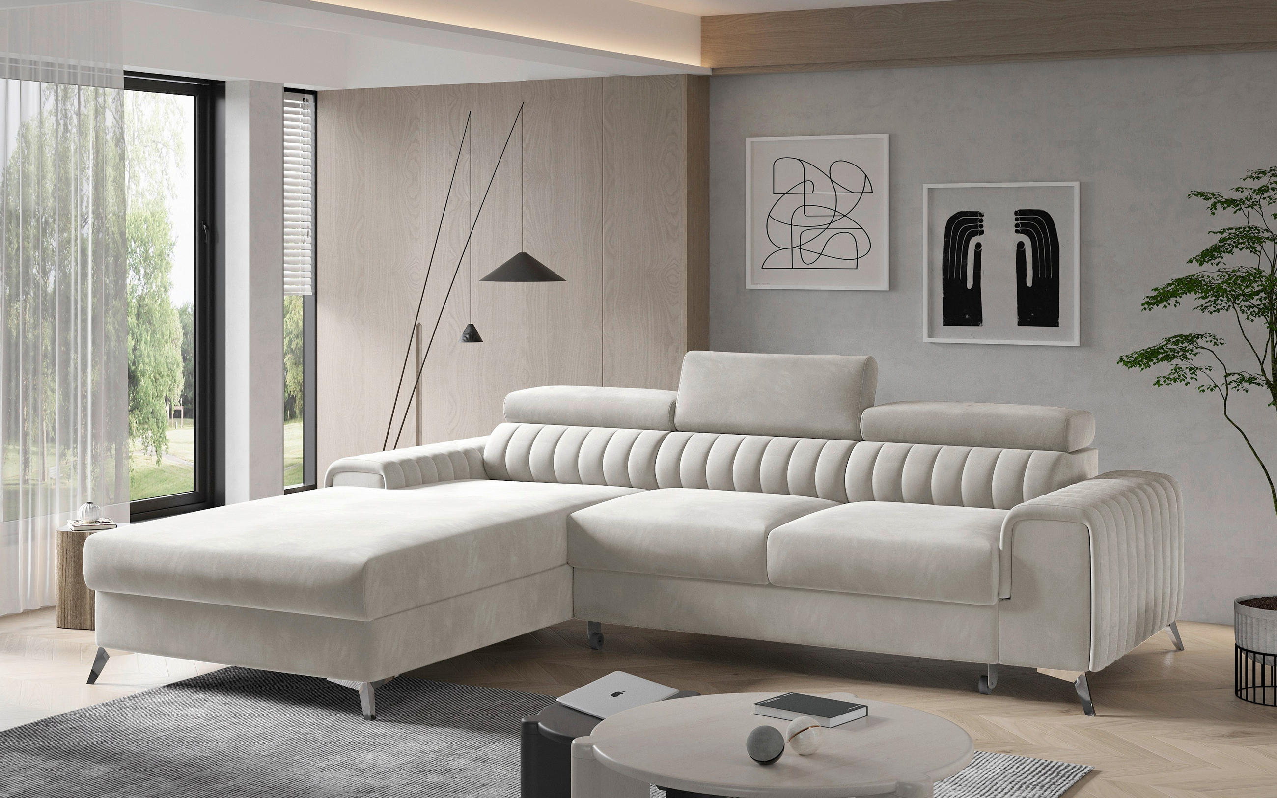 ECKSOFA  Beige Samt  - Beige/Silberfarben, Design, Textil/Metall (205/278cm) - MID.YOU