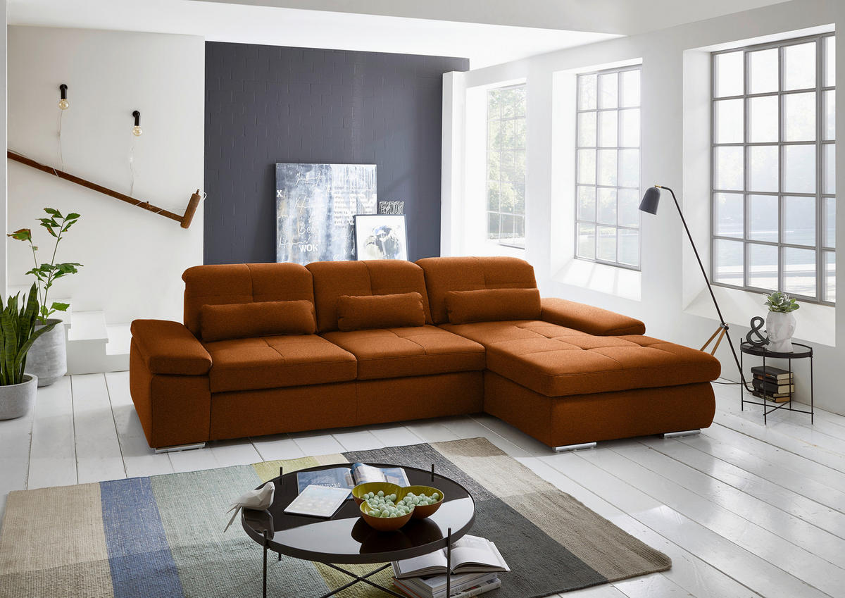 ECKSOFA  in Flachgewebe Cognac  309/195 cm  - Chromfarben/Cognac, Design, Textil (309/195cm) - Beldomo Style