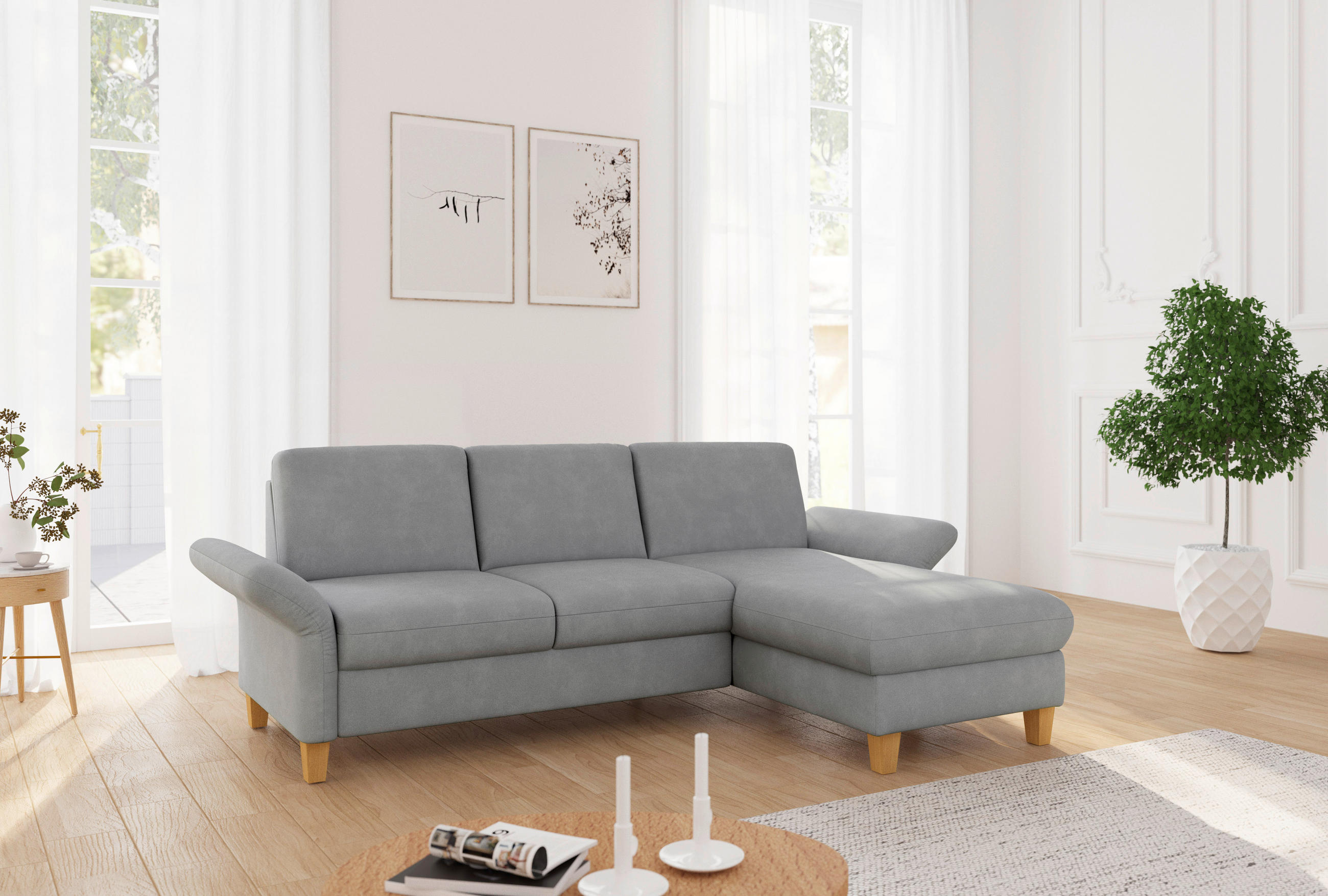 ECKSOFA ROCHELLE E Grau Flachgewebe  - Eichefarben/Grau, KONVENTIONELL, Holz/Textil (251/164cm) - Sit & More