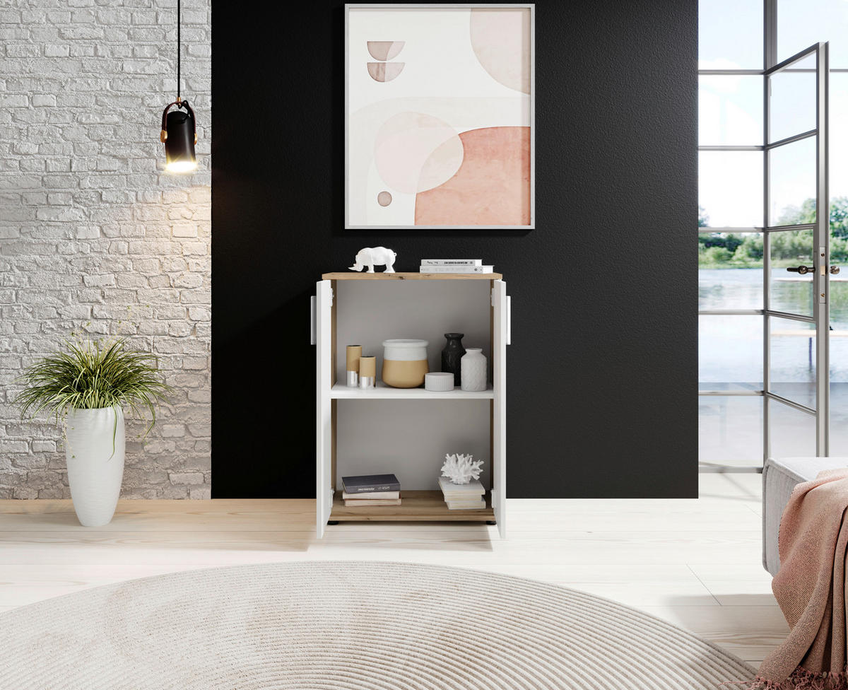 Kommode Basel 60/84/35 cm  in Weiss, Eichefarben  - Weiss/Eichefarben, Design, Holzwerkstoff/Kunststoff (60/84/35cm) - MID.YOU