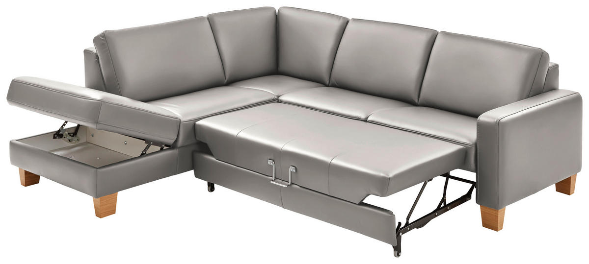 ECKSOFA in Echtleder Hellgrau  - Eiche Bianco/Hellgrau, Natur, Leder/Holz (235/257cm) - Valdera