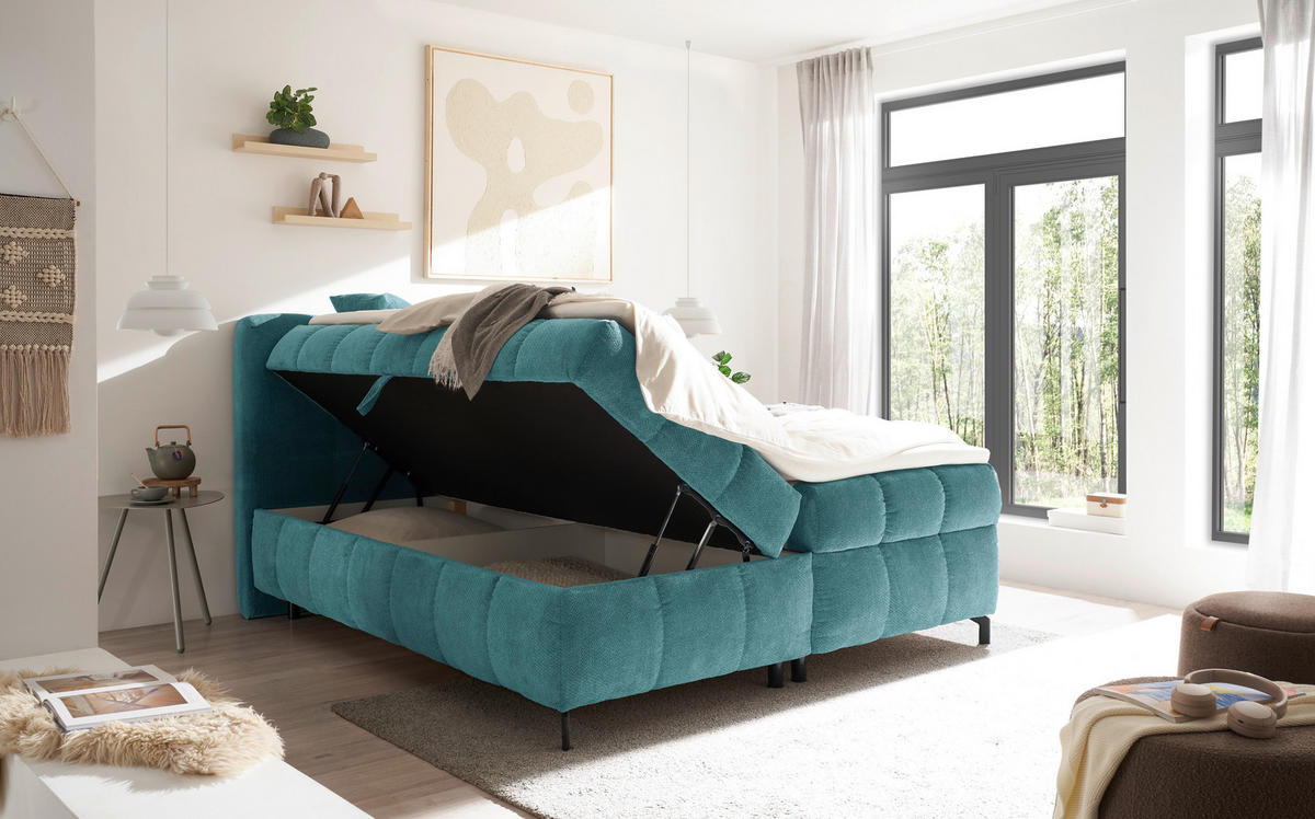 BOXBETT 180/200 cm,  in Petrol, Bettkasten, Topper, Matratzen, H2 = mittel  - Petrol/Schwarz, KONVENTIONELL, Kunststoff/Textil (180/200cm) - Hom`in