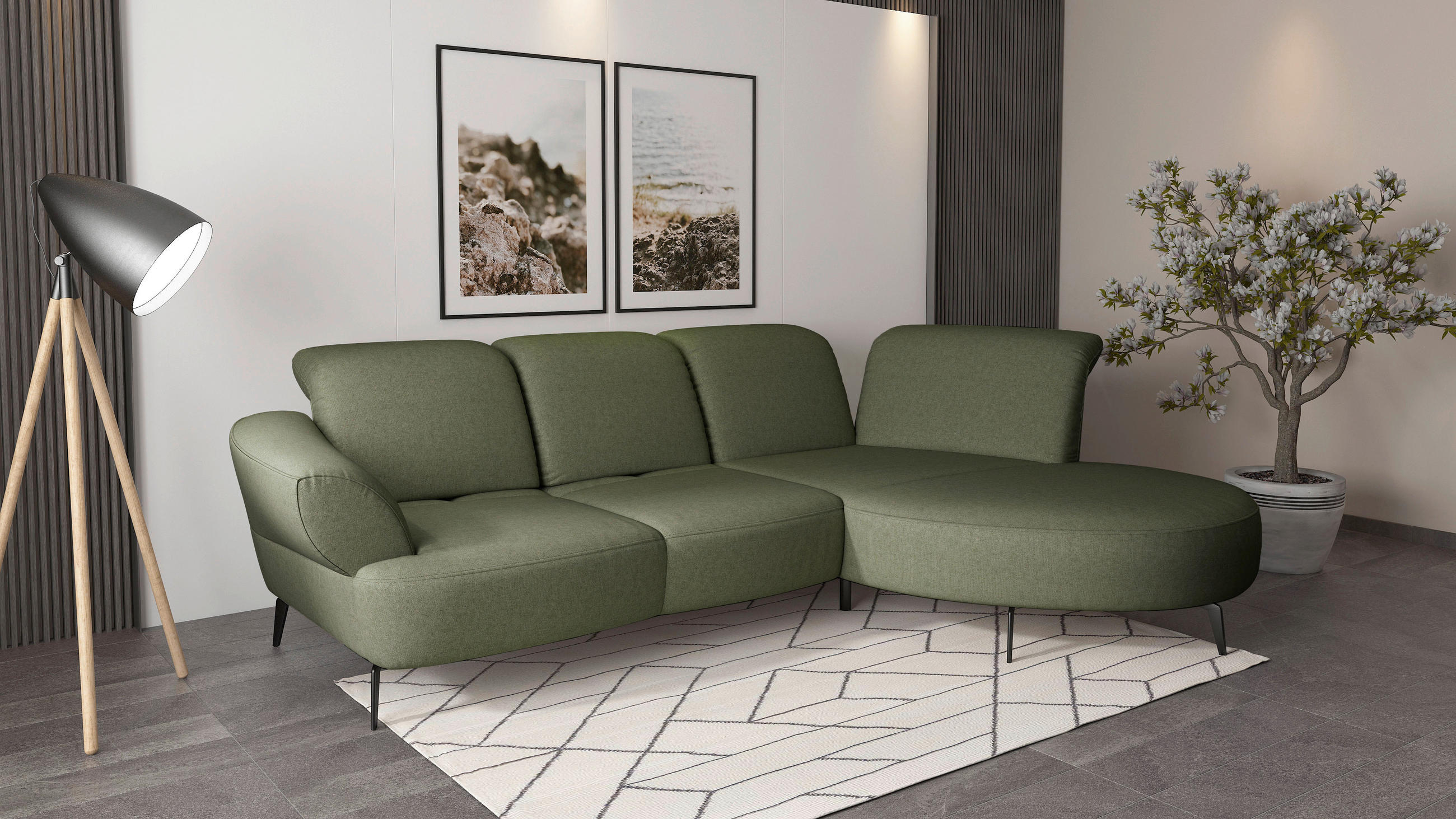 ECKSOFA DANCE E Olivgrün Flachgewebe  - Schwarz/Olivgrün, MODERN, Textil/Metall (313/208cm) - Sit & More