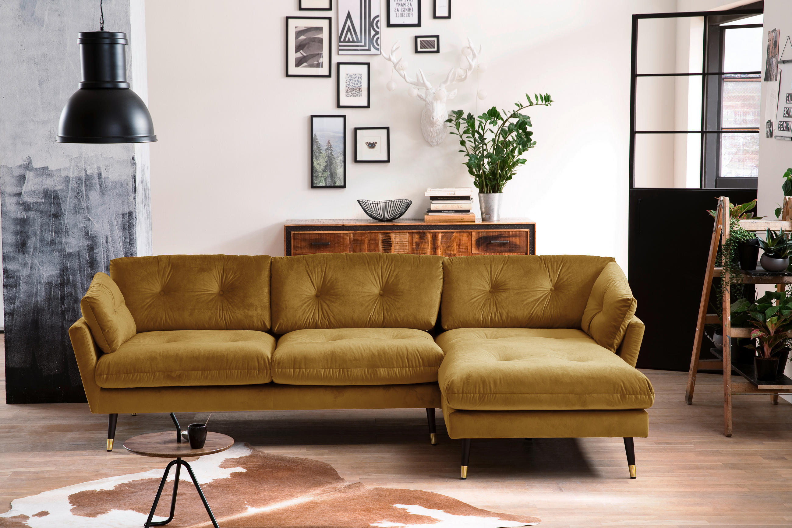 ECKSOFA Eckteil  JAPAN-2S.REC Senfgelb Samt  - Senfgelb, MODERN, Holz/Textil (269/155cm) - MID.YOU