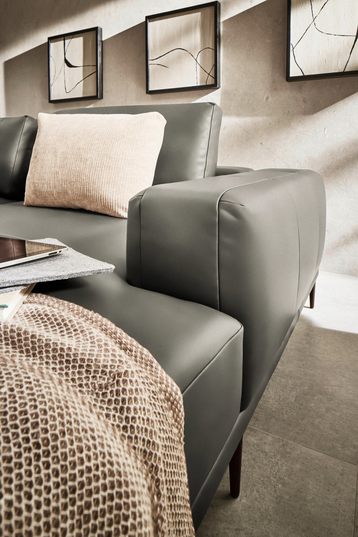 ECKSOFA  in Echtleder Grau  304/201 cm  - Schwarz/Grau, Design, Leder/Metall (304/201cm) - Belluti