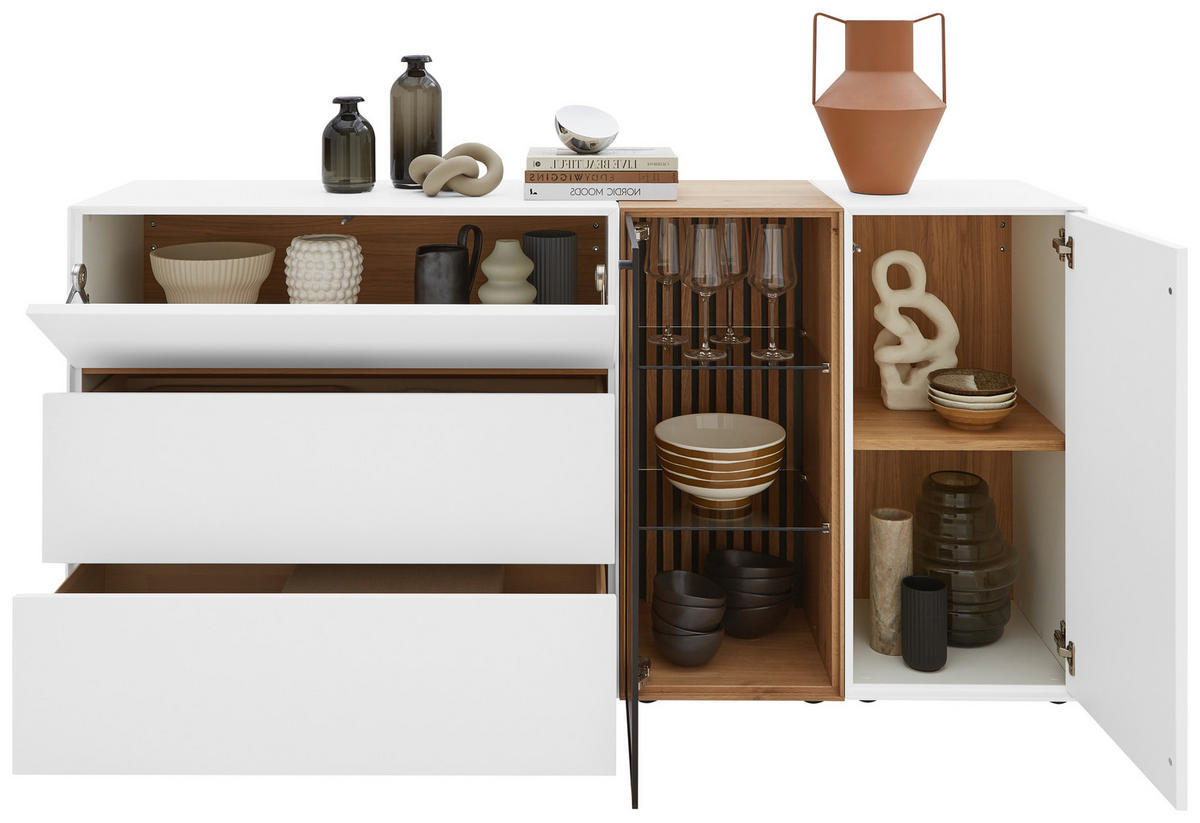 SIDEBOARD Weiss, Eichefarben  178/90/44 cm  - Weiss/Eichefarben, Design, Glas/Holz (178/90/44cm) - Johann Jakob