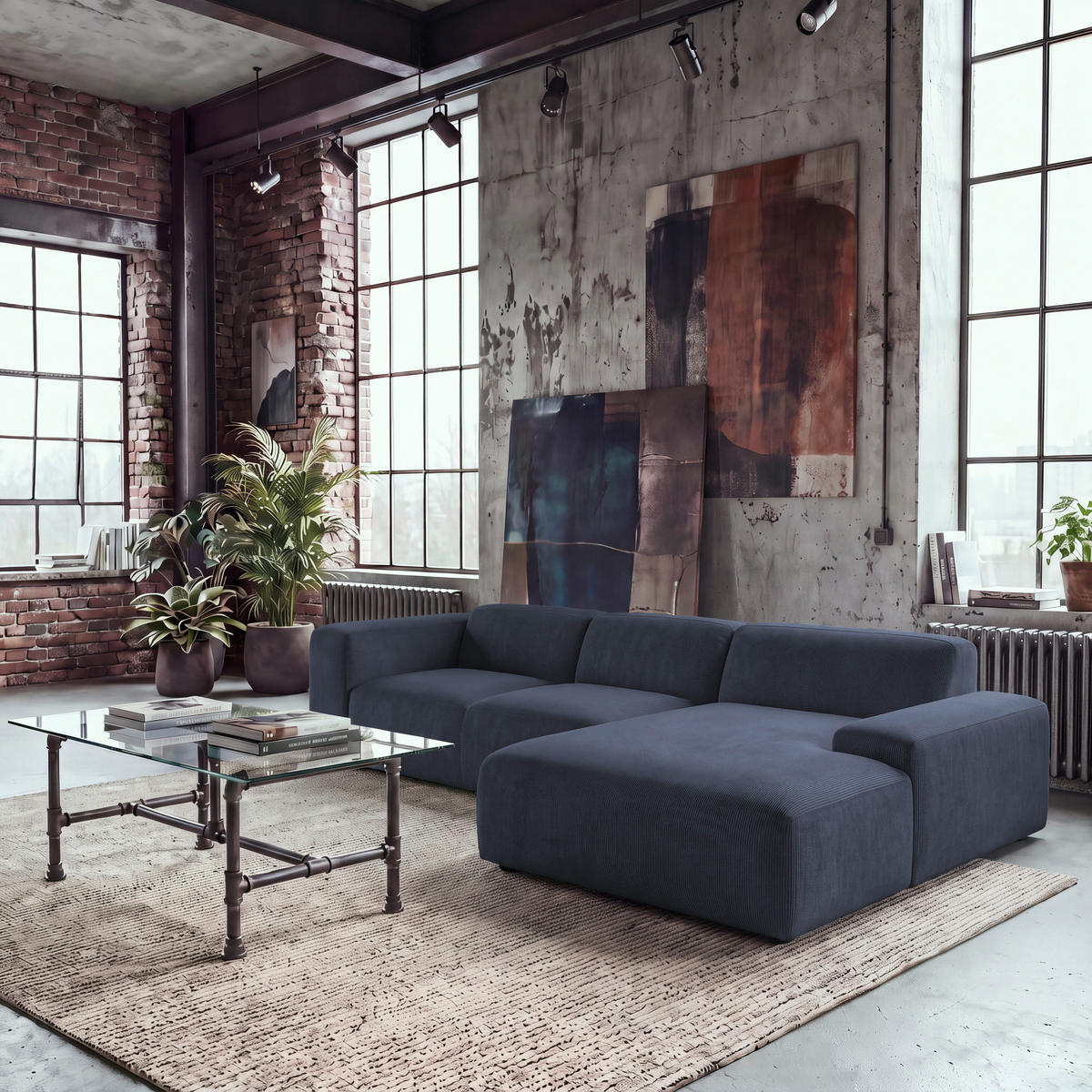 ECKSOFA HANNAH Blau Cord  - Blau/Schwarz, Design, Kunststoff/Textil (304/200cm) - MID.YOU