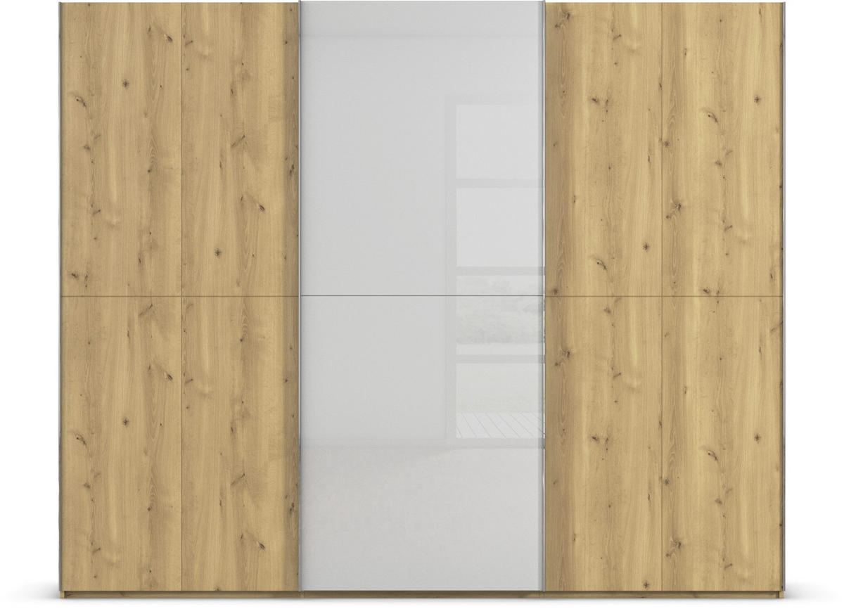 SCHWEBETÜRENSCHRANK 270/223/68 cm 3-türig Eichefarben, Chromfarben, Hellgrau  - Chromfarben/Eichefarben, Design, Glas/Holz (270/223/68cm) - Novel
