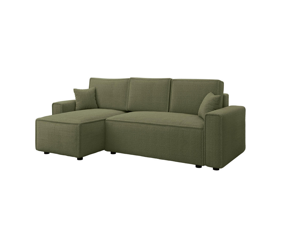 ECKSOFA Grün Bouclé Zierkissen, Rückenkissen, Bettkasten, Schlaffunktion, Rücken echt, Liegefläche im Originalstoff  - Schwarz/Grün, MODERN, Kunststoff/Textil (143/232cm) - Carryhome