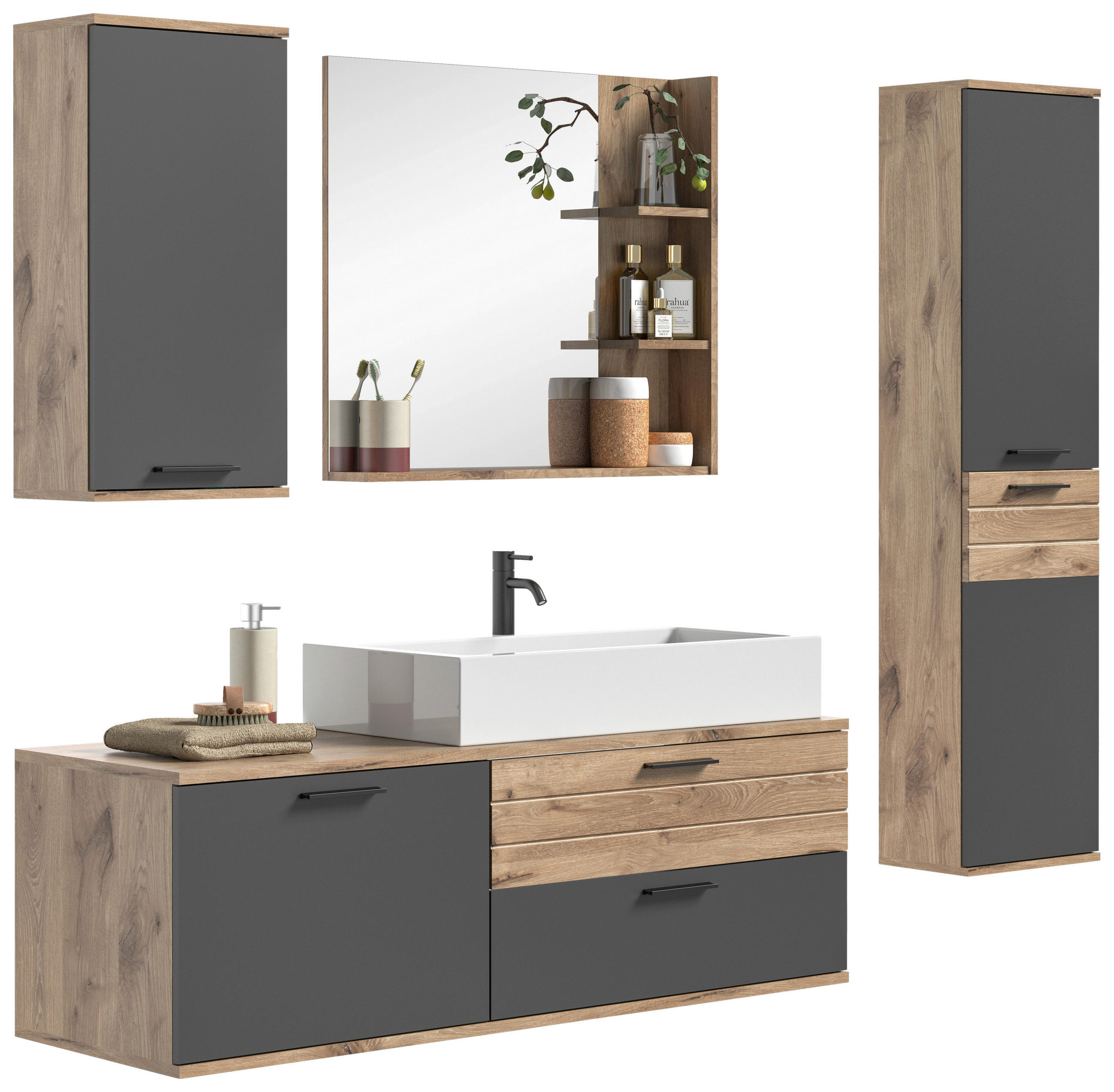 BADEZIMMER 4-teilig  in 177 cm  - Eichefarben/Weiß Hochglanz, MODERN, Glas/Keramik (177cm) - MID.YOU