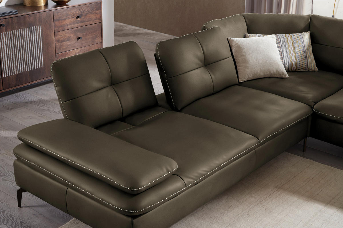 ECKSOFA in Echtleder Dunkelgrün  - Dunkelgrün/Beige, Design, Leder/Metall (298/298cm) - Chilliano