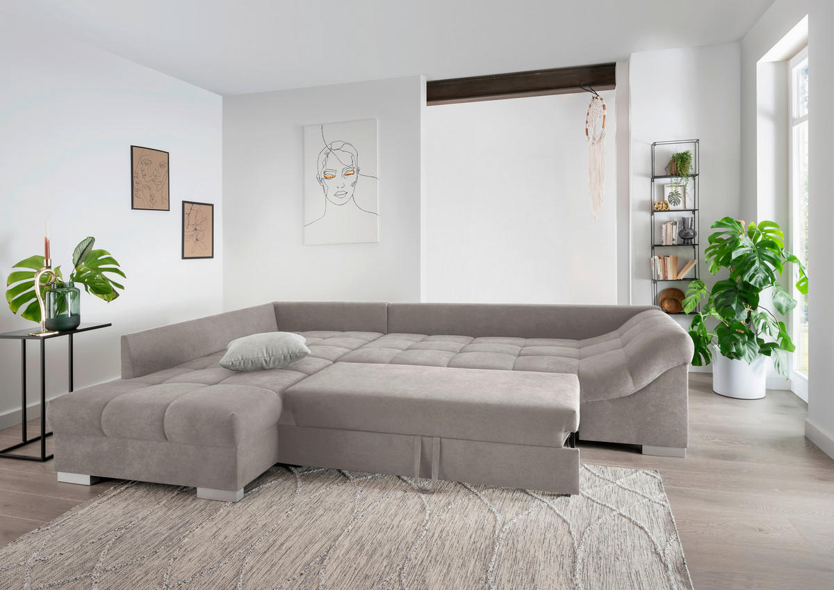 ECKSCHLAFSOFA Taupe Mikrofaser  - Taupe/Silberfarben, Design, Holz/Textil (202/298cm) - MID.YOU