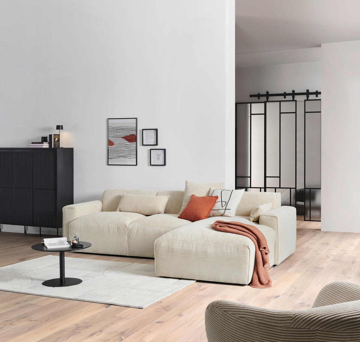 ECKSOFA in Cord Beige  - Beige/Schwarz, Design, Kunststoff/Textil (303/196cm) - Livetastic