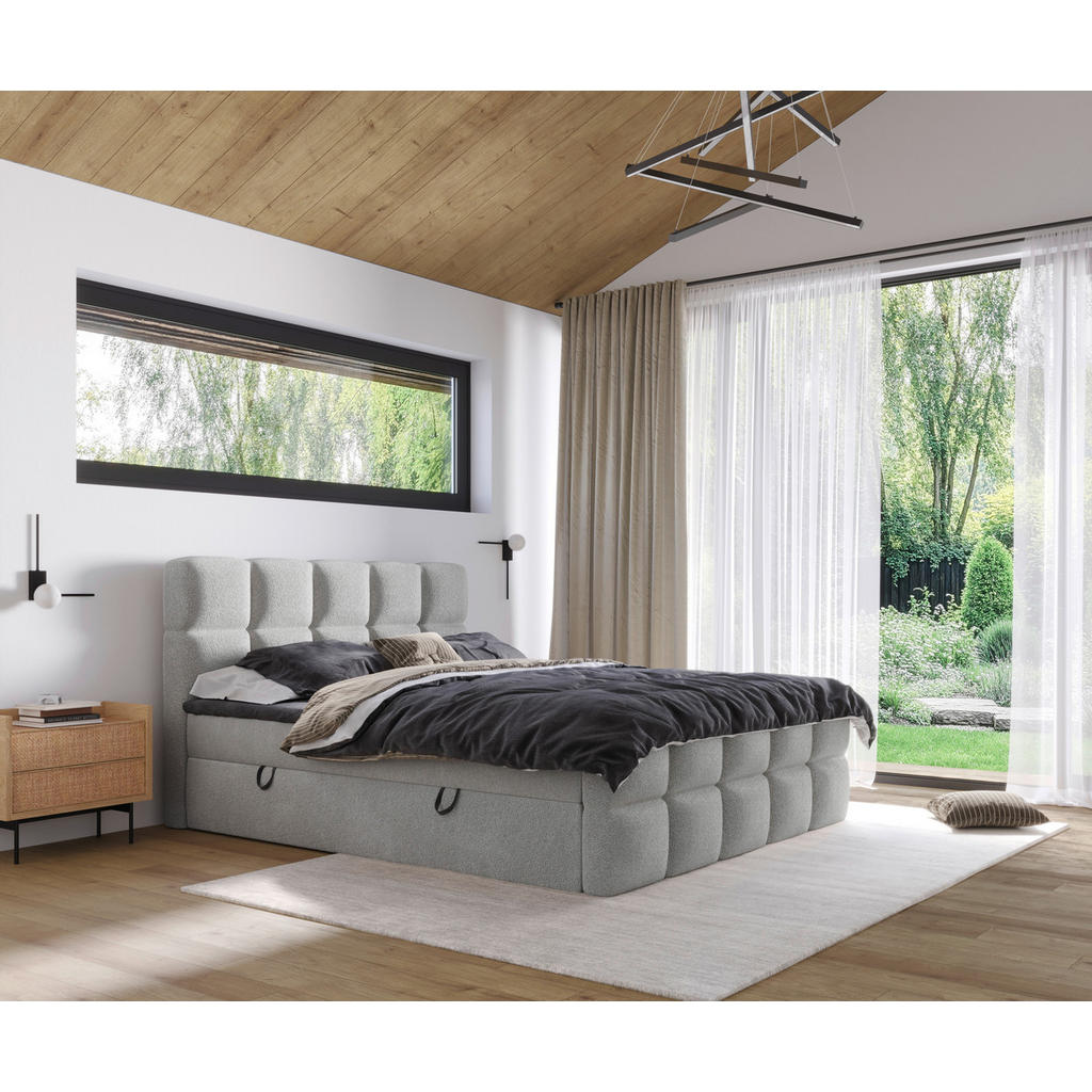 Thumbnail - Xora Boxbett, Silber, Textil, H3, Höhe ca. 20 cm, 180x200 cm, gepolstertes Kopfteil, Stoffauswahl, Topper durchgehend, i...
