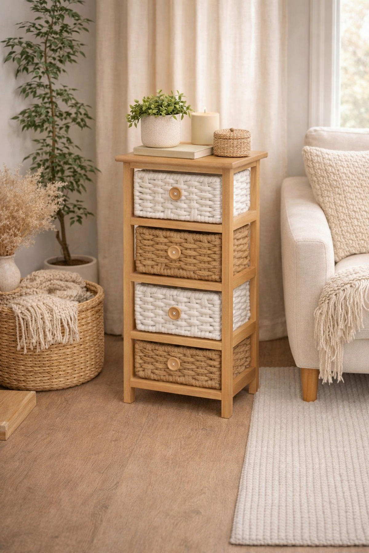 KOMMODE , , 4 Schublade(n)  - Creme/Braun, Design, Holz/Textil (25/30/74cm) - MID.YOU