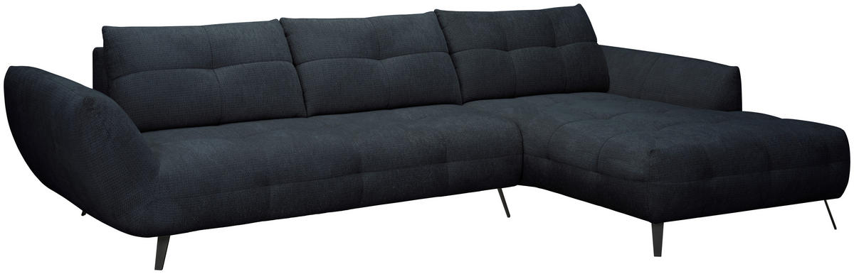 ECKSOFA Dunkelblau Chenille Armlehnenkissen, Rücken echt, Sitztiefenverstellung  - Schwarz/Dunkelblau, KONVENTIONELL, Textil/Metall (313/215cm) - Hom`in