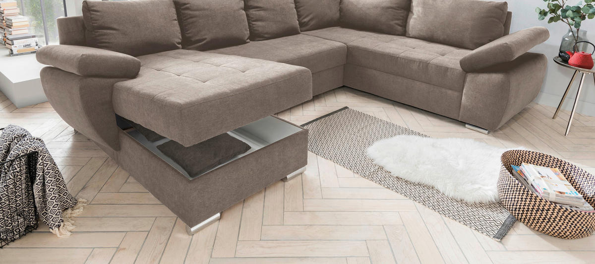 WOHNLANDSCHAFT in Mikrofaser Taupe  - Taupe/Chromfarben, Konventionell, Textil/Metall (157/305/219cm) - Livetastic