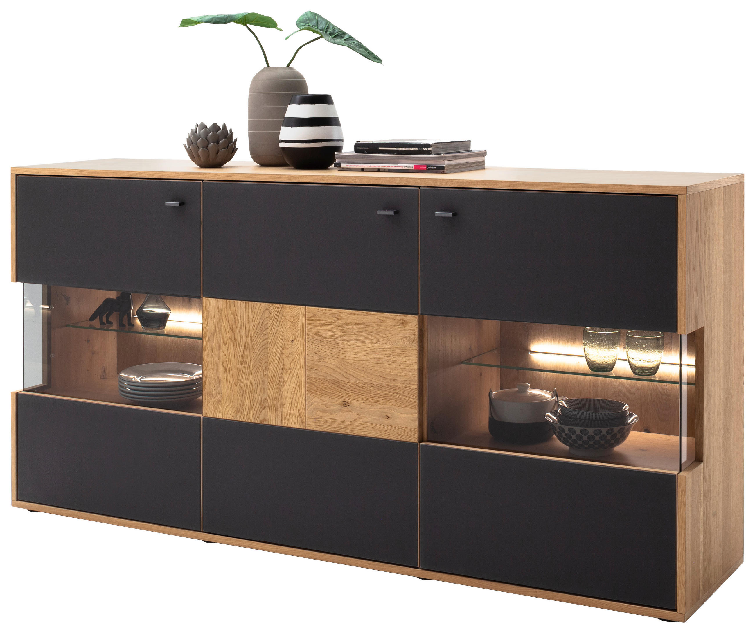 MID.YOU ŠIROKÁ KOMODA, trámový dub, antracitová, dub bianco, 184/92/44 cm