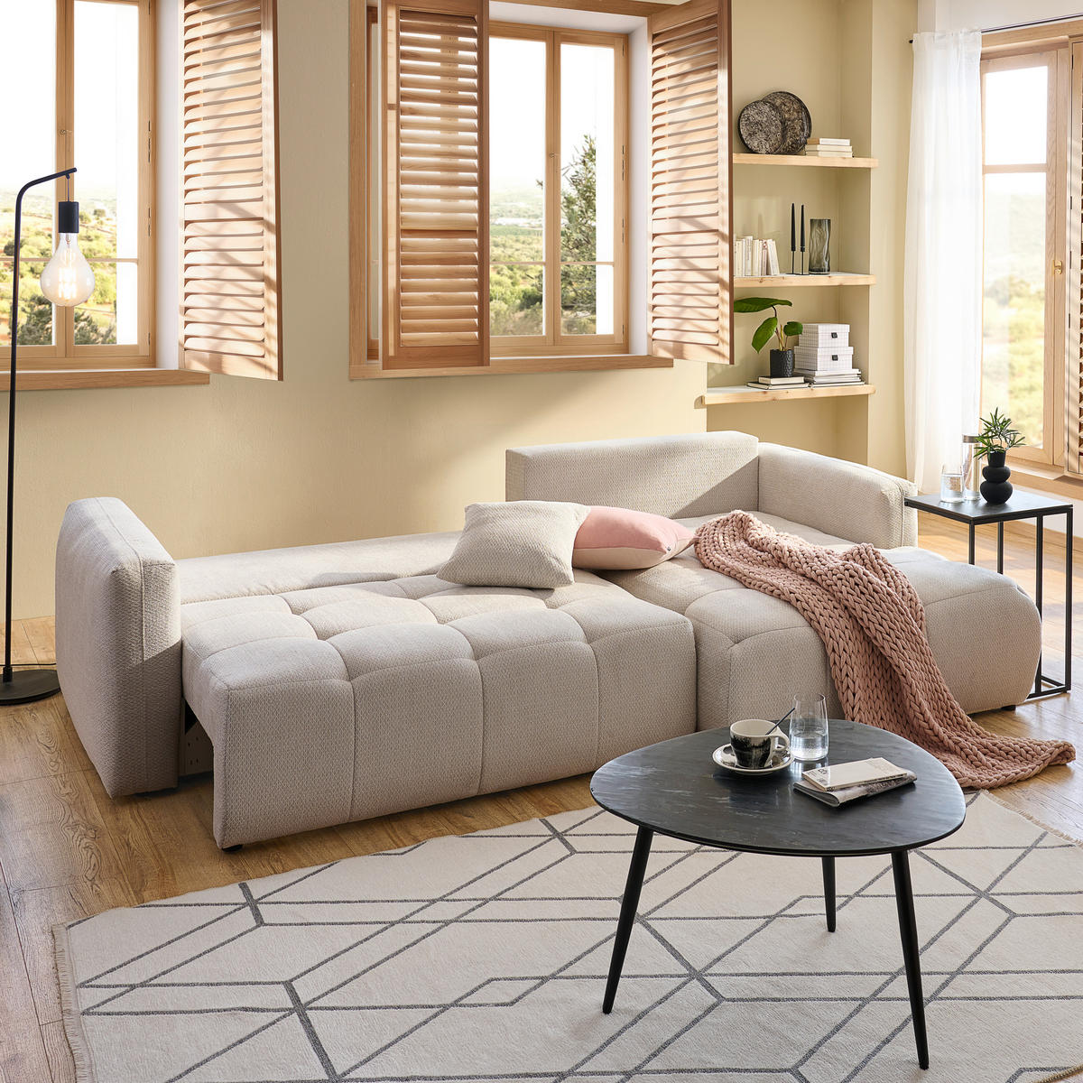 ECKSOFA in Chenille Hellgrau  - Hellgrau/Schwarz, Modern, Kunststoff/Textil (276/172cm) - Hom`in