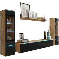 WOHNWAND Vera 4-teilig  in Eiche Wotan, Schwarz Hochglanz  240/130/33 cm LED-Leuchtmittel   - Schwarz Hochglanz/Eiche Wotan, LIFESTYLE, Glas/Holzwerkstoff (240/130/33cm) - P & B