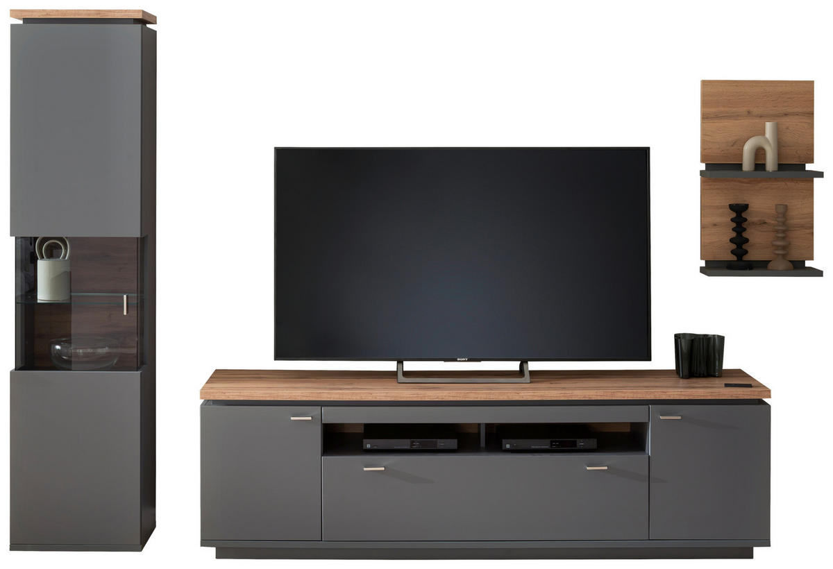 WOHNWAND  in Grau, Eiche Wotan 270/208/50 cm  - Eiche Wotan/Grau, Design, Glas/Holzwerkstoff (270/208/50cm) - Stylife