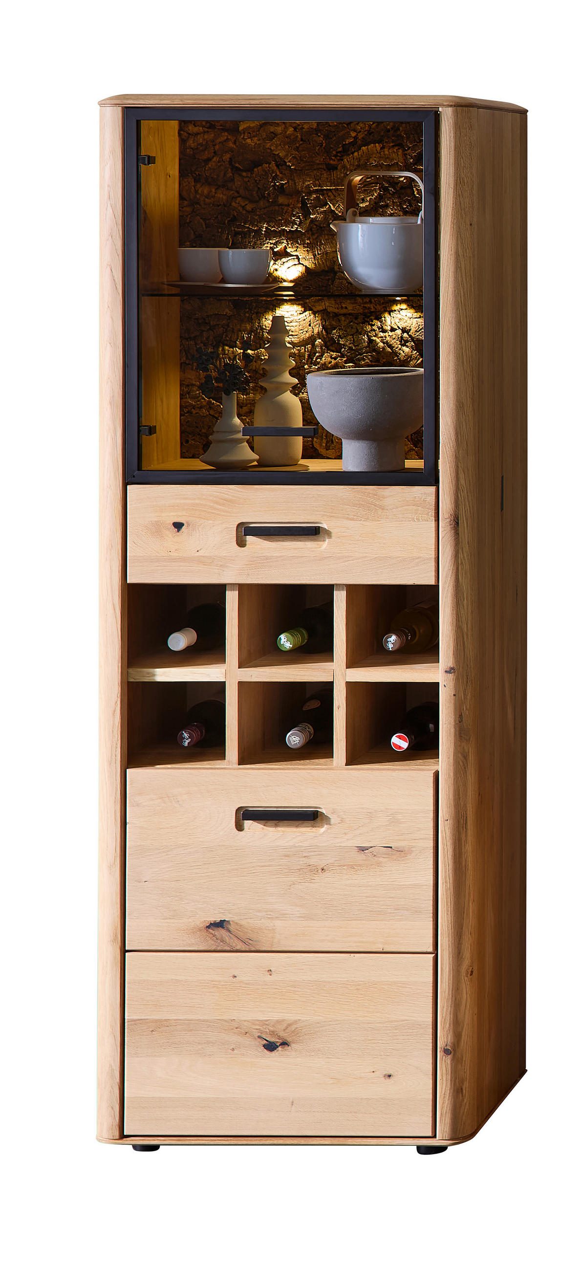 VITRINE in furniert, massiv, Sperrholz Wildeiche, Kork Schwarz, Wildeiche  - Wildeiche/Schwarz, Basics, Glas/Holz (60/169/39cm) - Livetastic