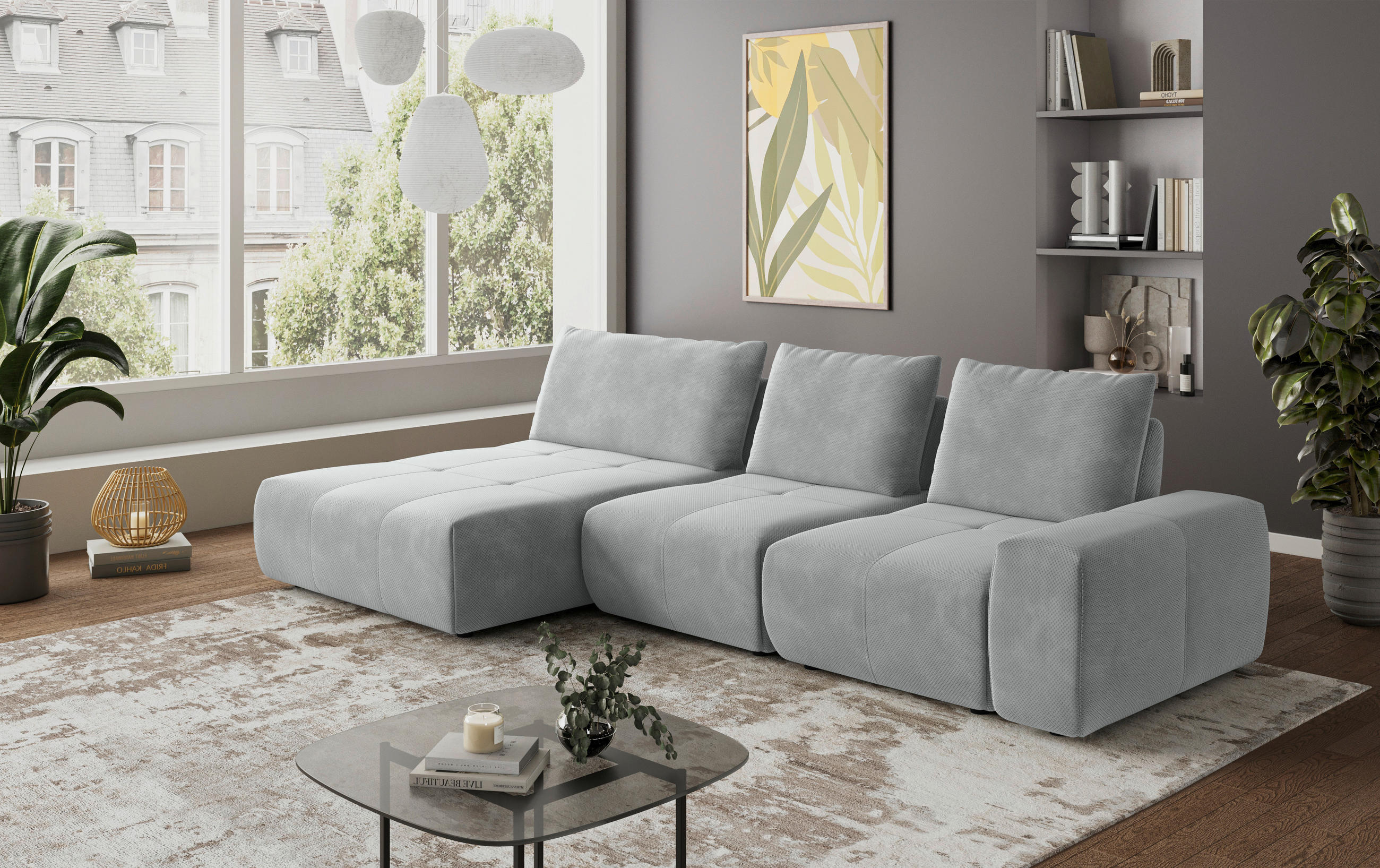 ECKSOFA in Velours Grau  - Schwarz/Grau, Design, Kunststoff/Textil (174/347cm) - Xora
