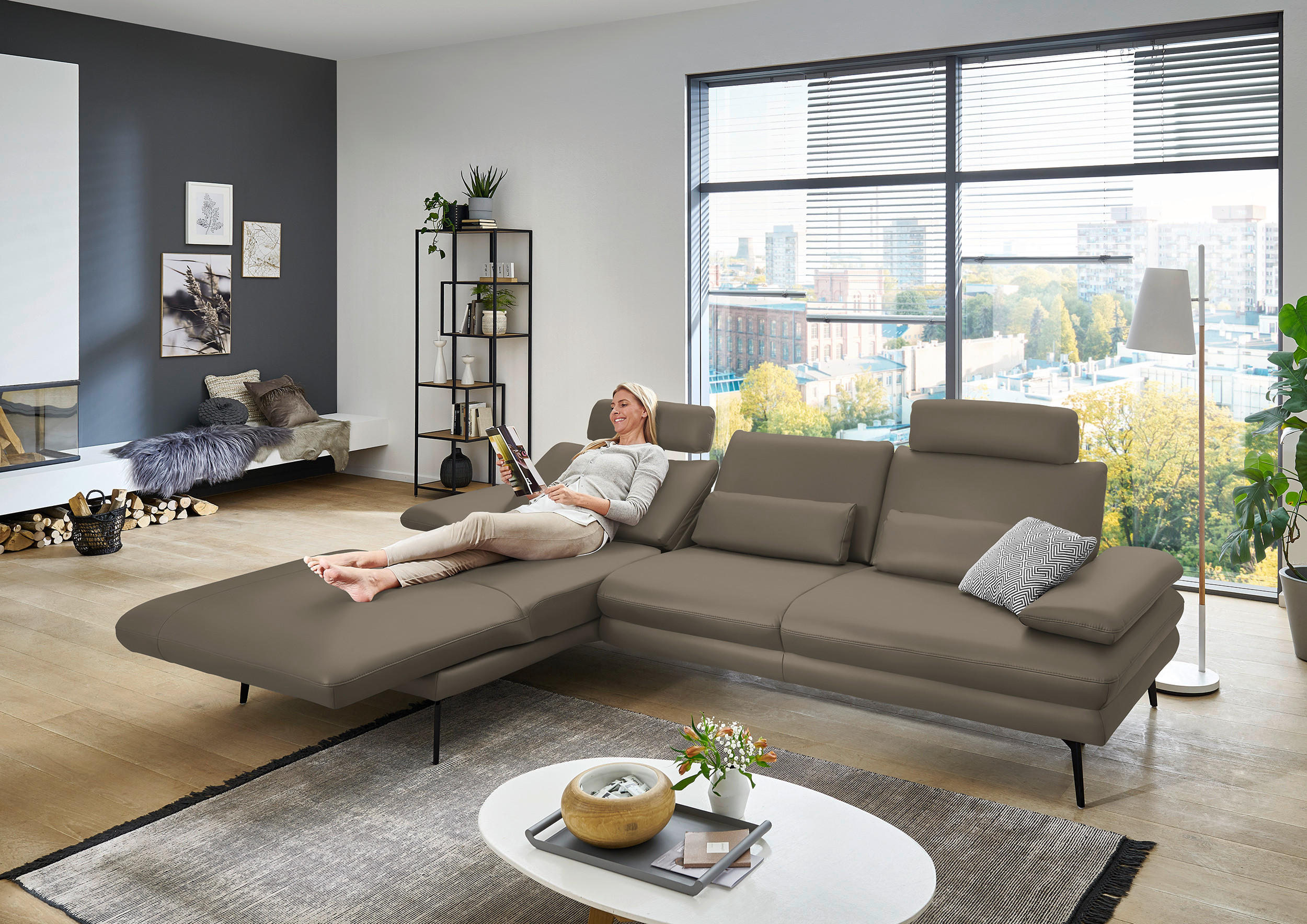 ECKSOFA in Echtleder Greige  180/310 cm  - Greige/Schwarz, Design, Leder/Metall (180/310cm) - Dieter Knoll