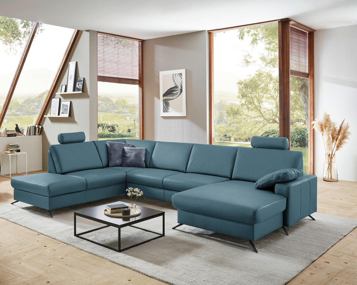 WOHNLANDSCHAFT in Echtleder Blau  - Blau/Schwarz, Design, Leder/Metall (233/339/165cm) - Beldomo Premium