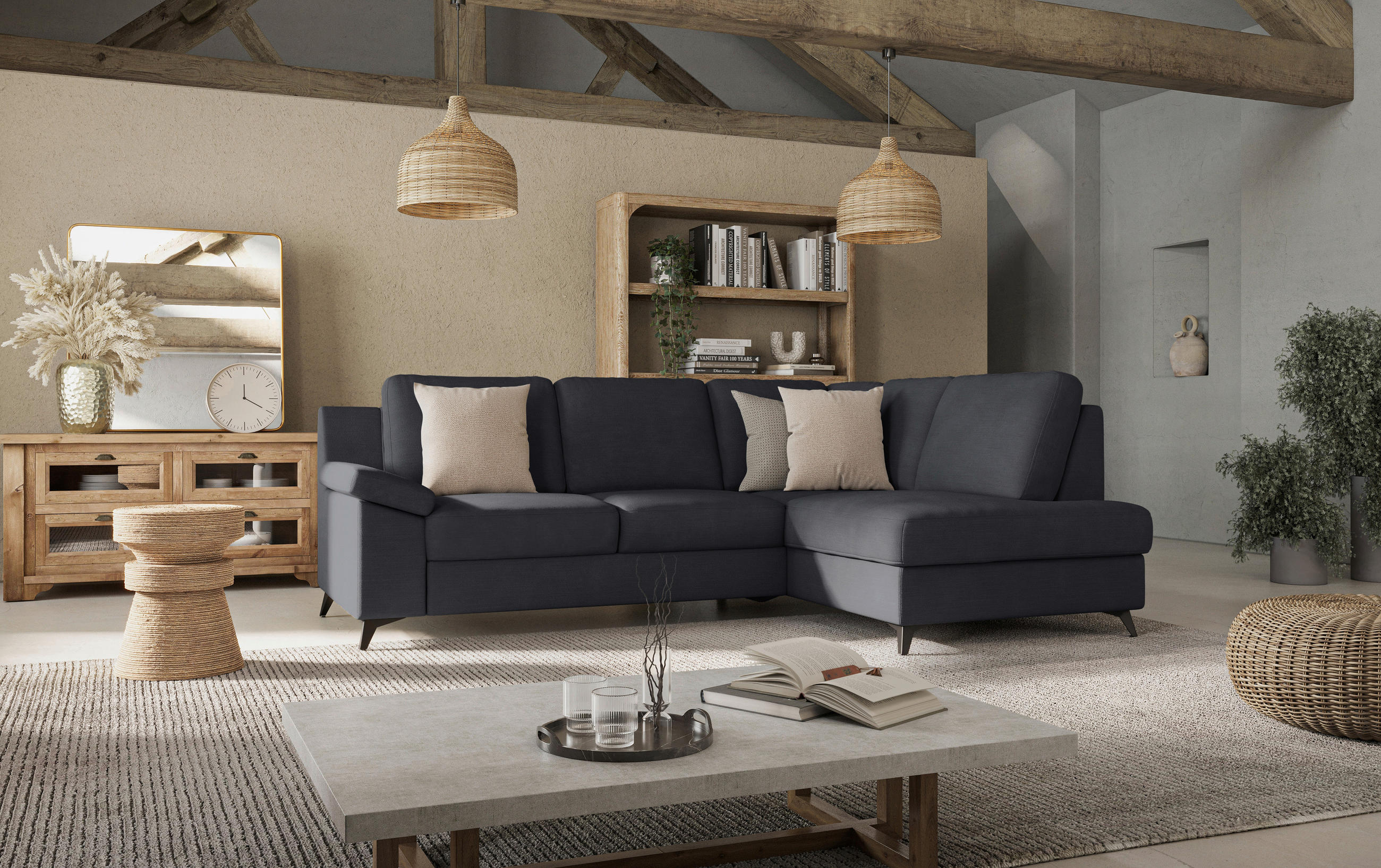 ECKSOFA Dunkelblau Flachgewebe  - Schwarz/Dunkelblau, KONVENTIONELL, Textil/Metall (242/170cm) - Cotta