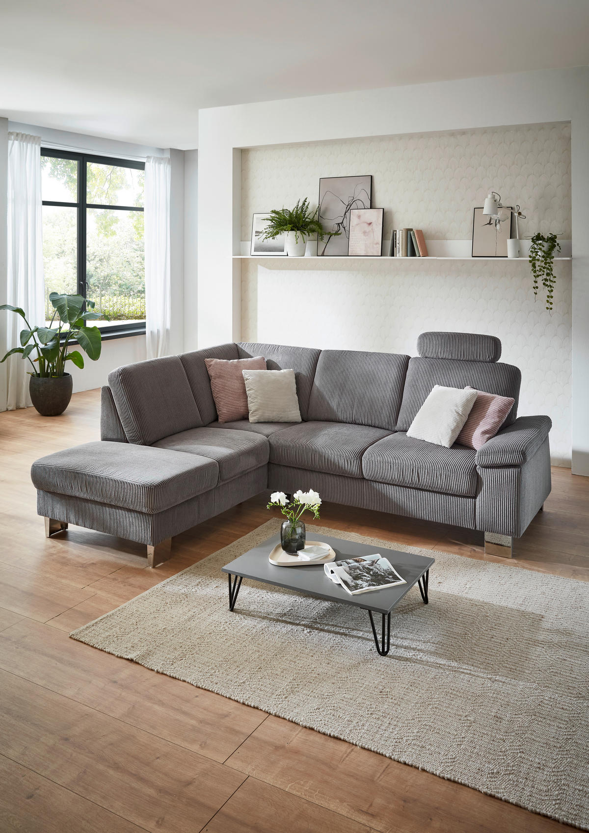 ECKSOFA in Cord Anthrazit  - Edelstahlfarben/Anthrazit, Konventionell, Textil/Metall (200/248cm) - Beldomo System