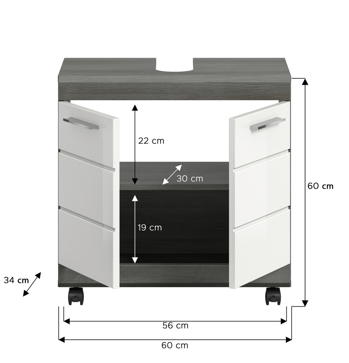 TVÄTTSTÄLLSUNDERSKÅP 60/60/34 cm  - silver/vit högglans, Trend, trämaterial/plast (60/60/34cm) - MID.YOU