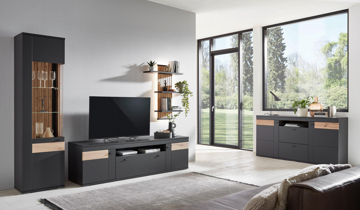 WOHNWAND  in Dunkelgrau, Eiche Artisan 296/205/50 cm  - Dunkelgrau/Schwarz, Design, Glas/Holzwerkstoff (296/205/50cm) - Stylife
