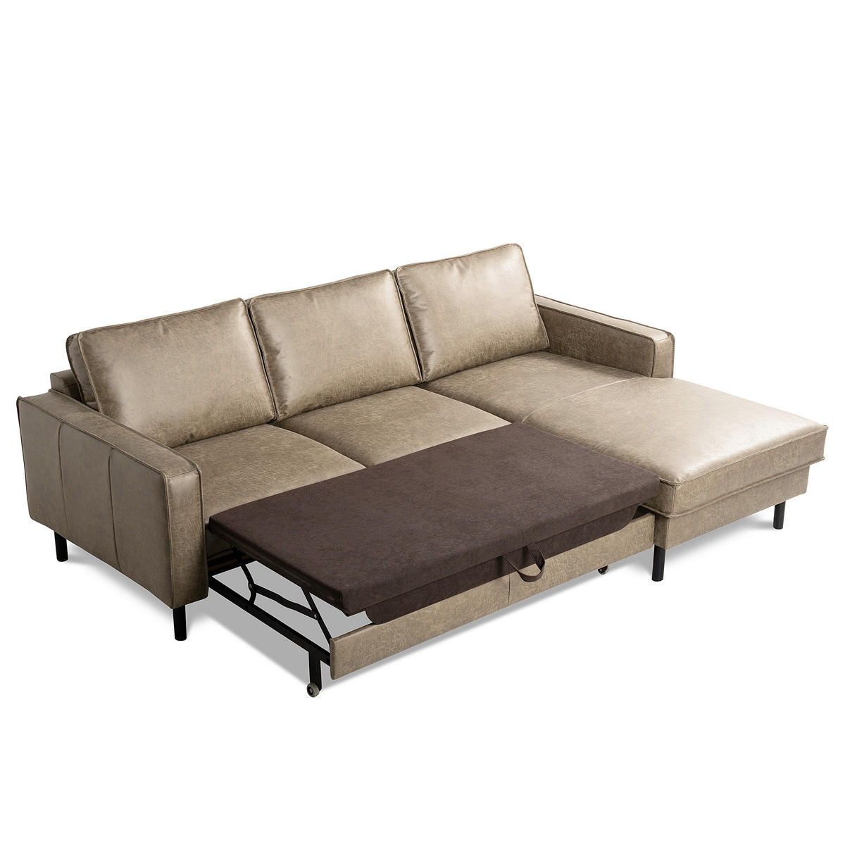 ECKSOFA Hellgrau Echtleder Lederlook Bettkasten, Schlaffunktion, Rücken echt  - Hellgrau/Schwarz, Design, Leder/Textil (166/238cm) - Livetastic