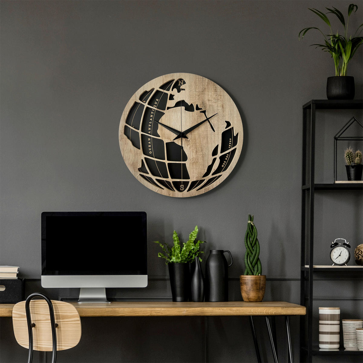 WANDUHR - Schwarz, Eichefarben  - Eichefarben/Schwarz, Basics, Holz/Kunststoff (57cm)