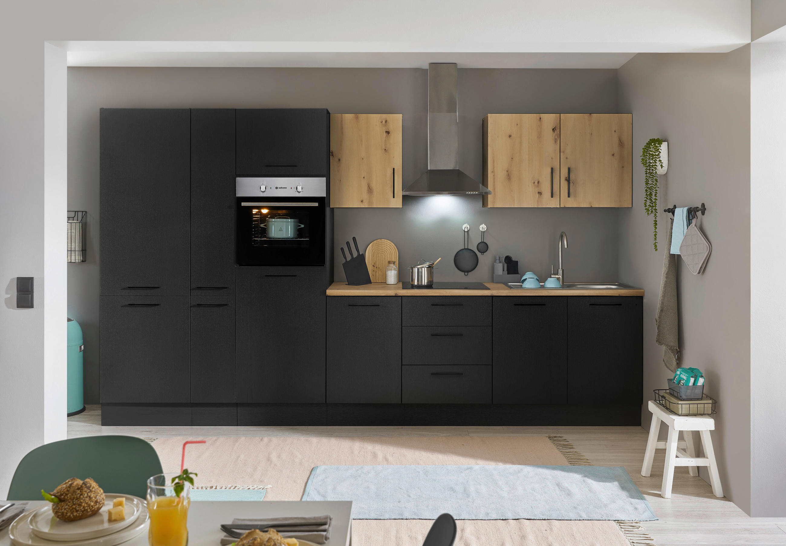 P & B Küchenblock Eiche Artisan, Schwarz 360 cm