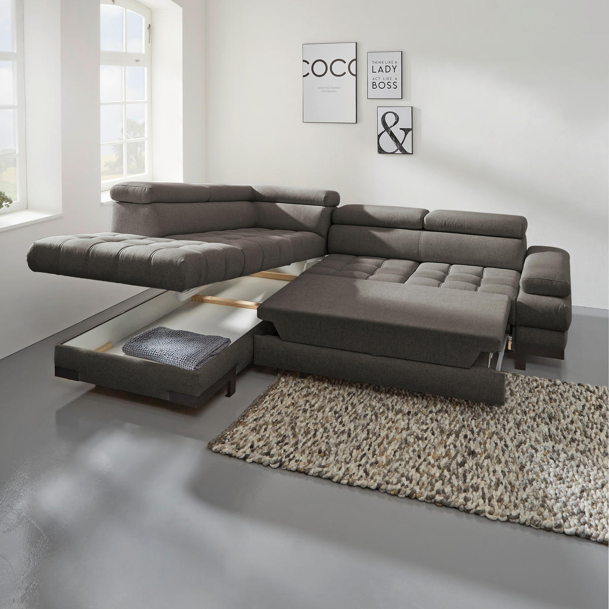 ECKSOFA Dunkelbraun Webstoff  - Dunkelbraun/Schwarz, Design, Textil/Metall (223/263cm) - Welnova