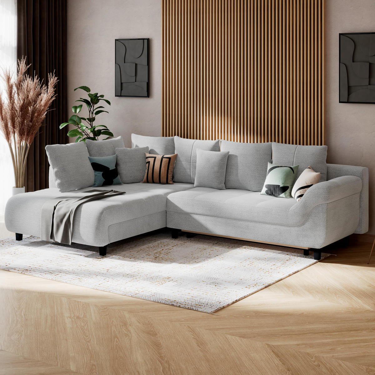 HÖRNSOFFA i chenille, struktur greige  - greige/svart, Klassisk, textil (197/309cm) - MID.YOU