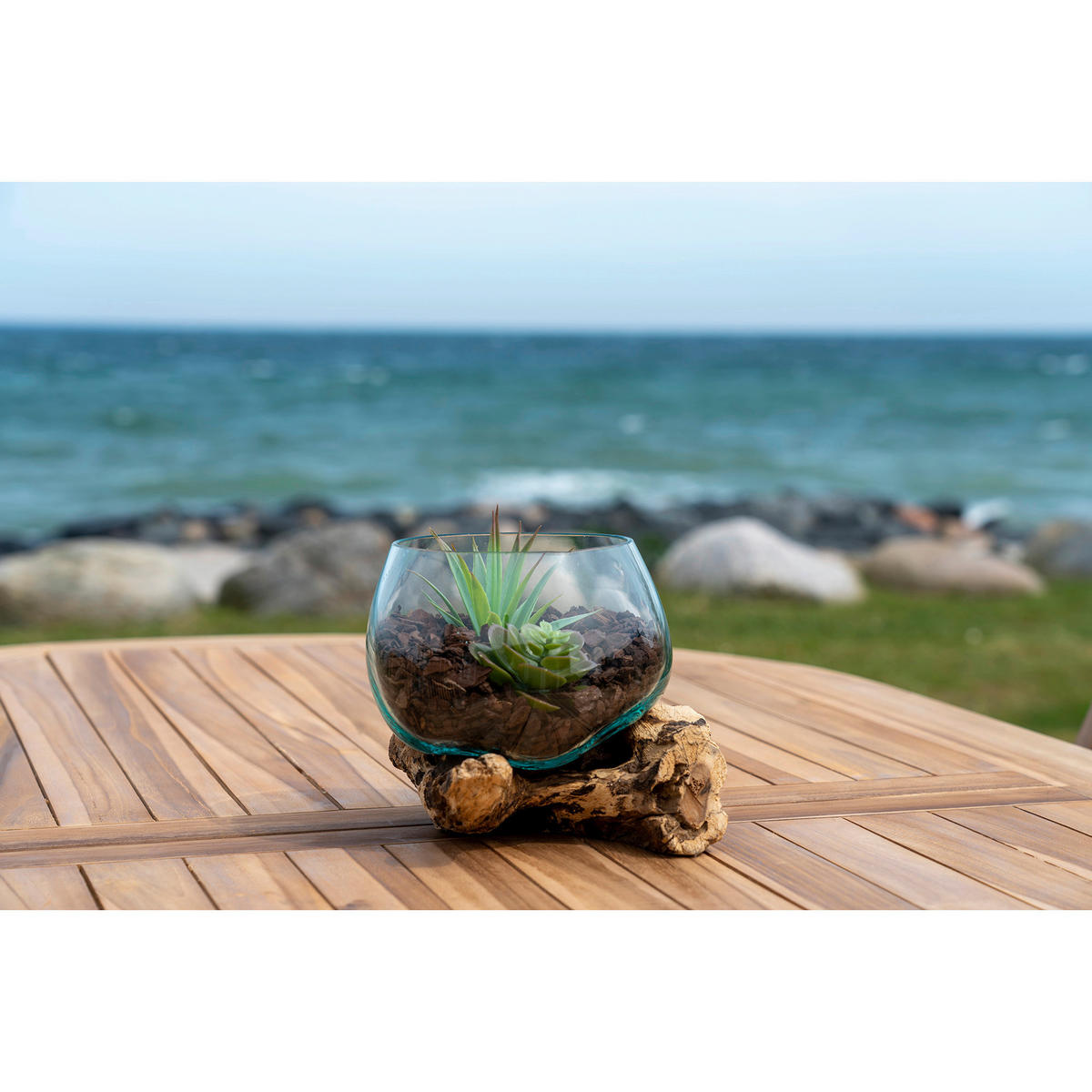VASE  - Transparent/Teakfarben, Design, Glas/Holz (15/15/15cm)