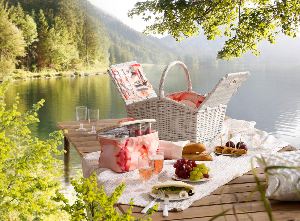 PICKNICKKORB für 4 Personen  - Rosa/Weiß, Basics, Holz/Keramik (45/30/20-26-44cm) - Ambia Home
