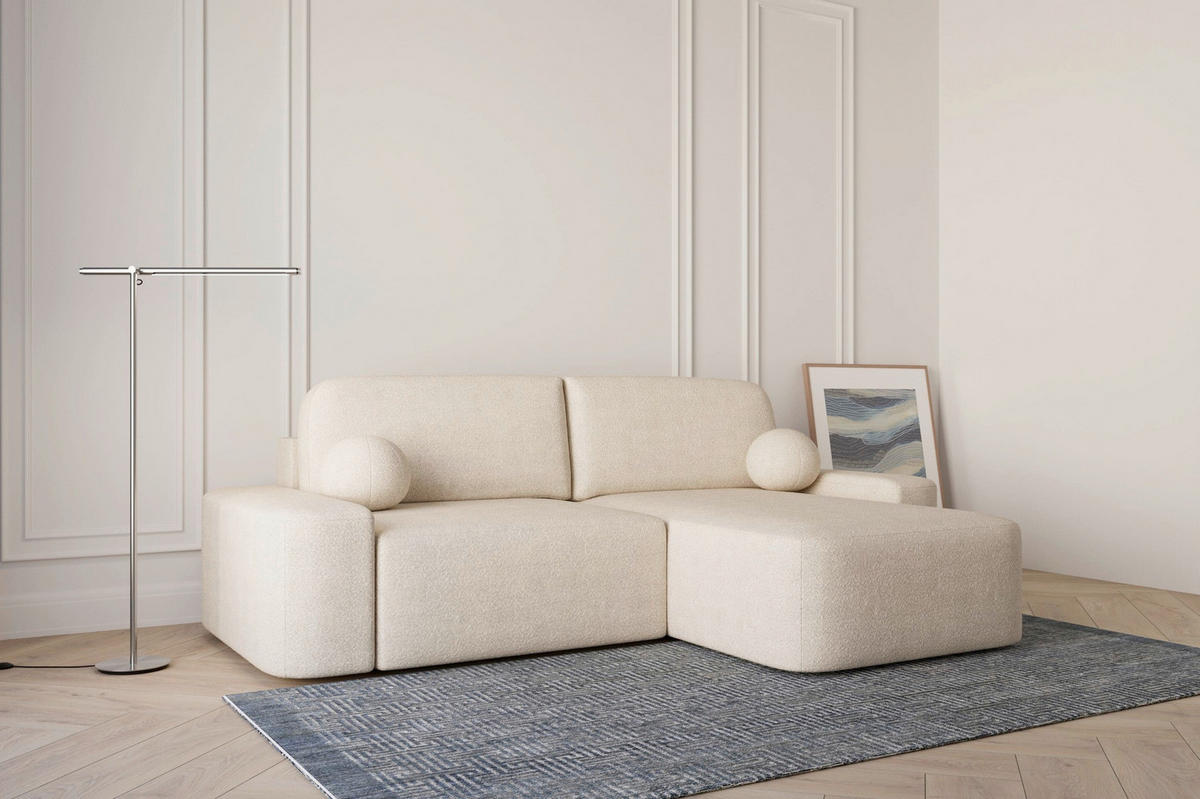 ECKSOFA OVAL Creme Bouclé Rückenkissen, Schlaffunktion, Rücken echt, Stauraum  - Creme/Schwarz, Design, Kunststoff/Textil (268/110cm) - MID.YOU