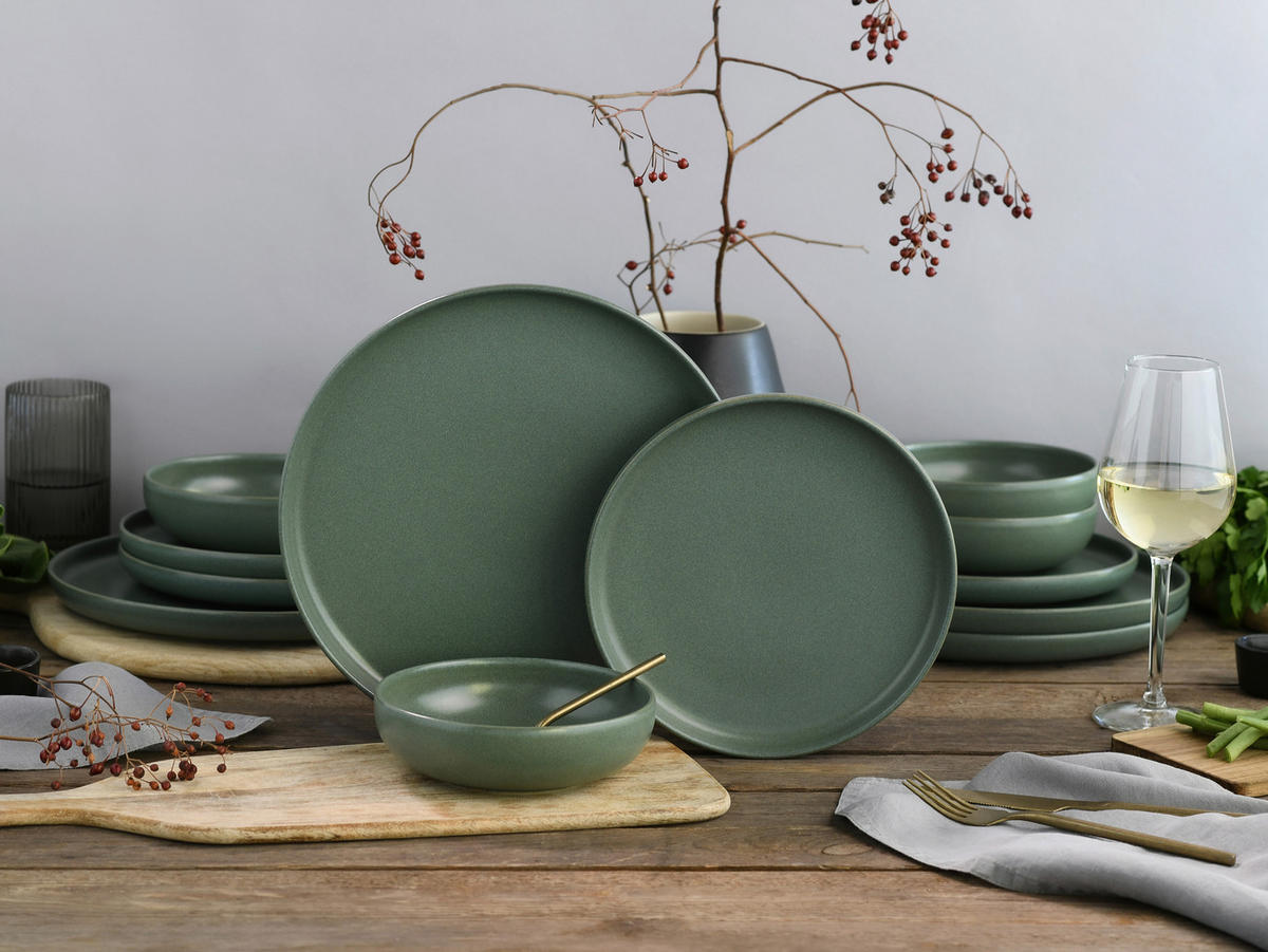 TAFELSERVICE Uno 12-teilig  - Salbeigrün, Basics, Keramik - Creatable