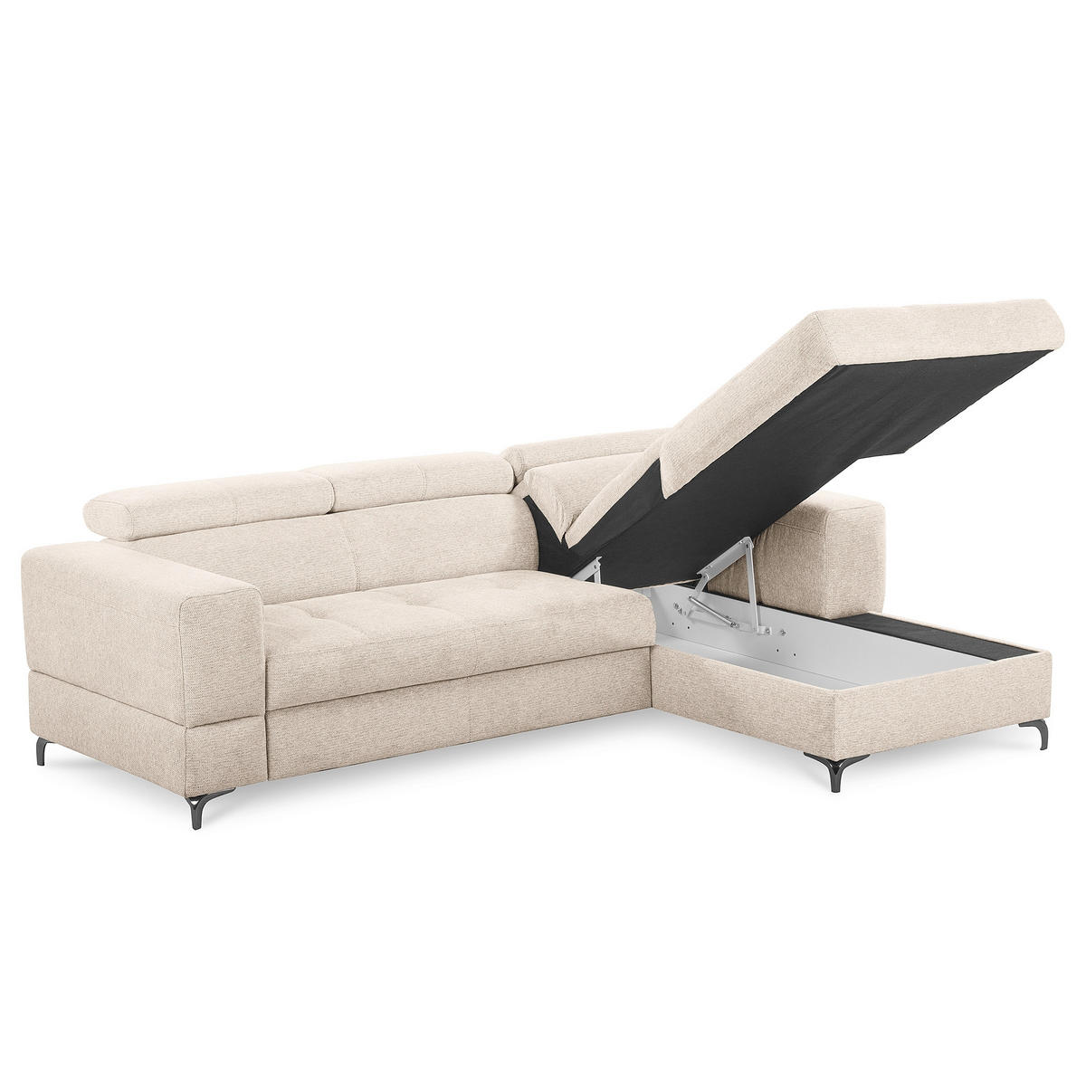 ECKSOFA TORINO Beige Chenille Bettkasten, Kopfteilverstellung  - Beige/Schwarzchrom, Design, Textil/Metall (247/173cm) - Livetastic