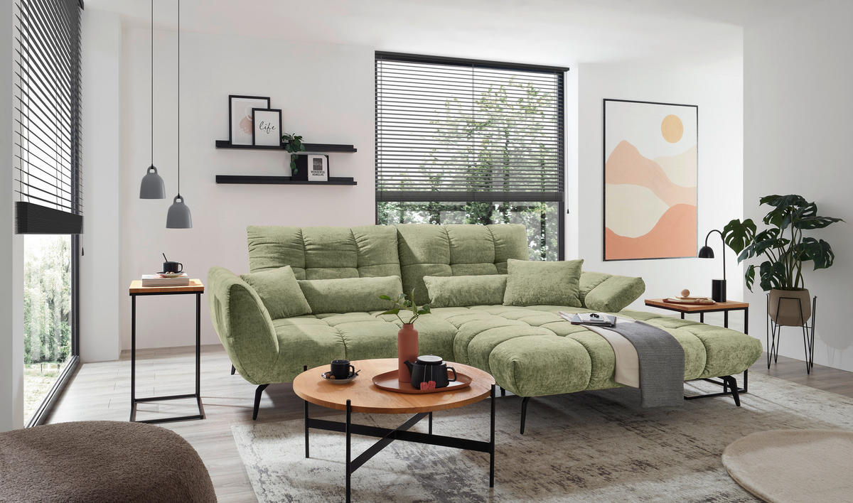 ECKSOFA Hellgrün Flachgewebe Rücken echt, Sitztiefenverstellung  - Schwarz/Hellgrün, KONVENTIONELL, Textil/Metall (273/211cm) - SetOne by Musterring