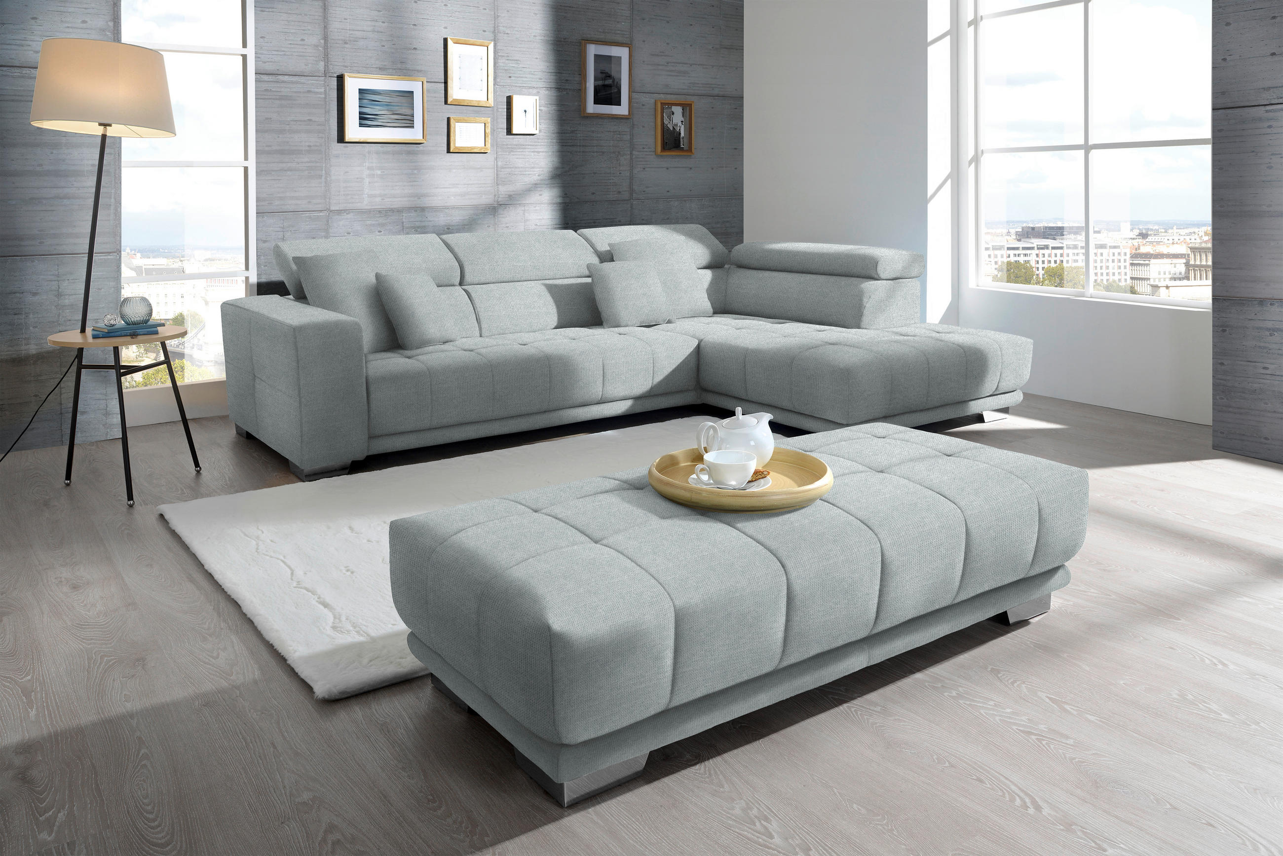 ECKSOFA in Mikrofaser Platinfarben  - Platinfarben/Chromfarben, Design, Textil/Metall (301/207cm) - Xora