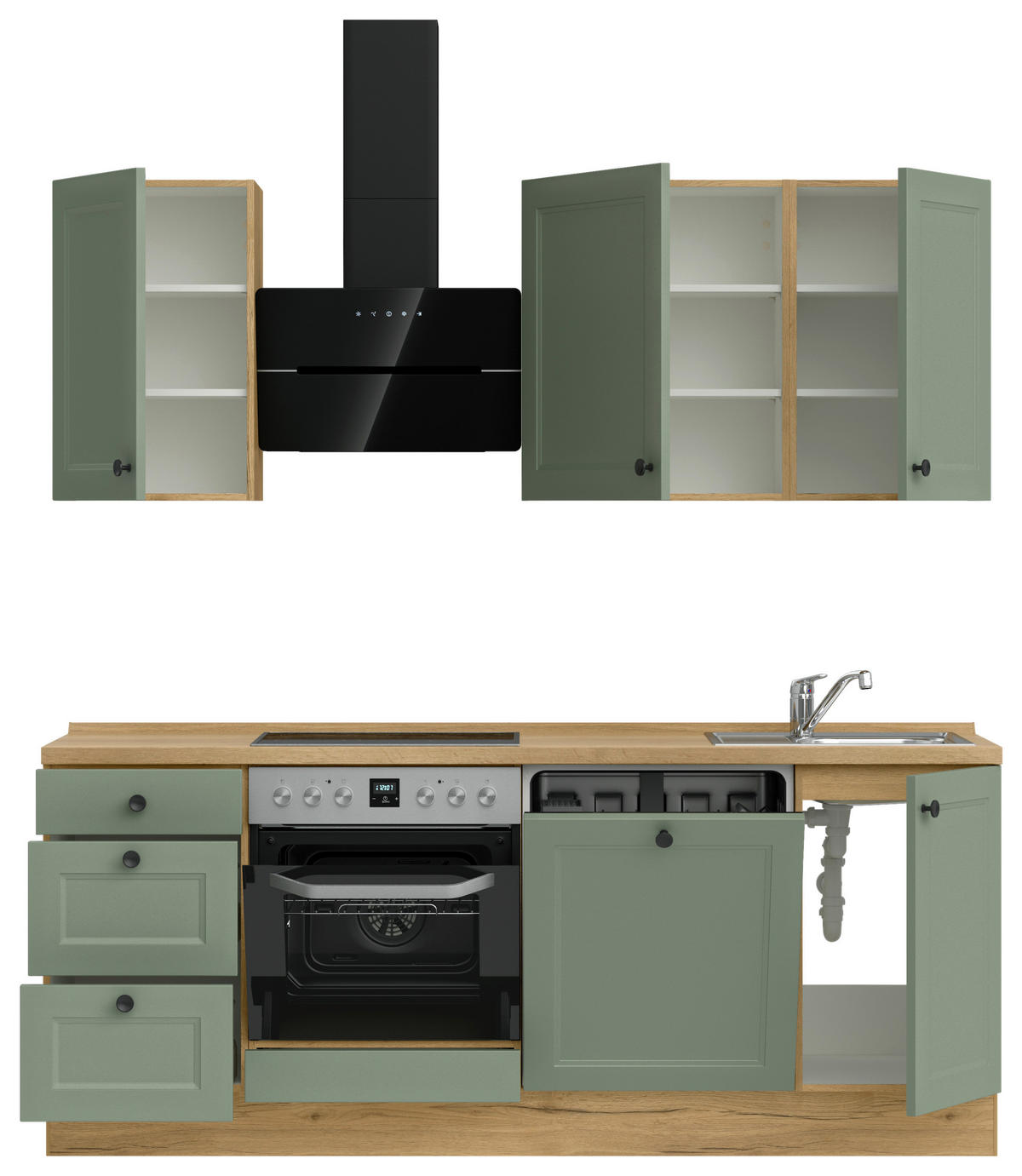 KÜCHENBLOCK Cascada 210 cm  in Eichefarben, Schilfgrün  - Schilfgrün/Eichefarben, MODERN, Holzwerkstoff/Metall (210cm) - Nobilia