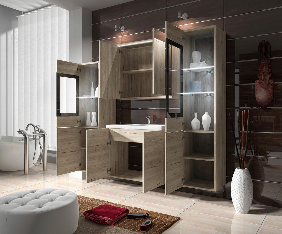 BADEZIMMER 5-teilig  in 120 cm  - Eiche San Remo/Weiß, Basics, Glas/Holzwerkstoff (120cm) - P & B